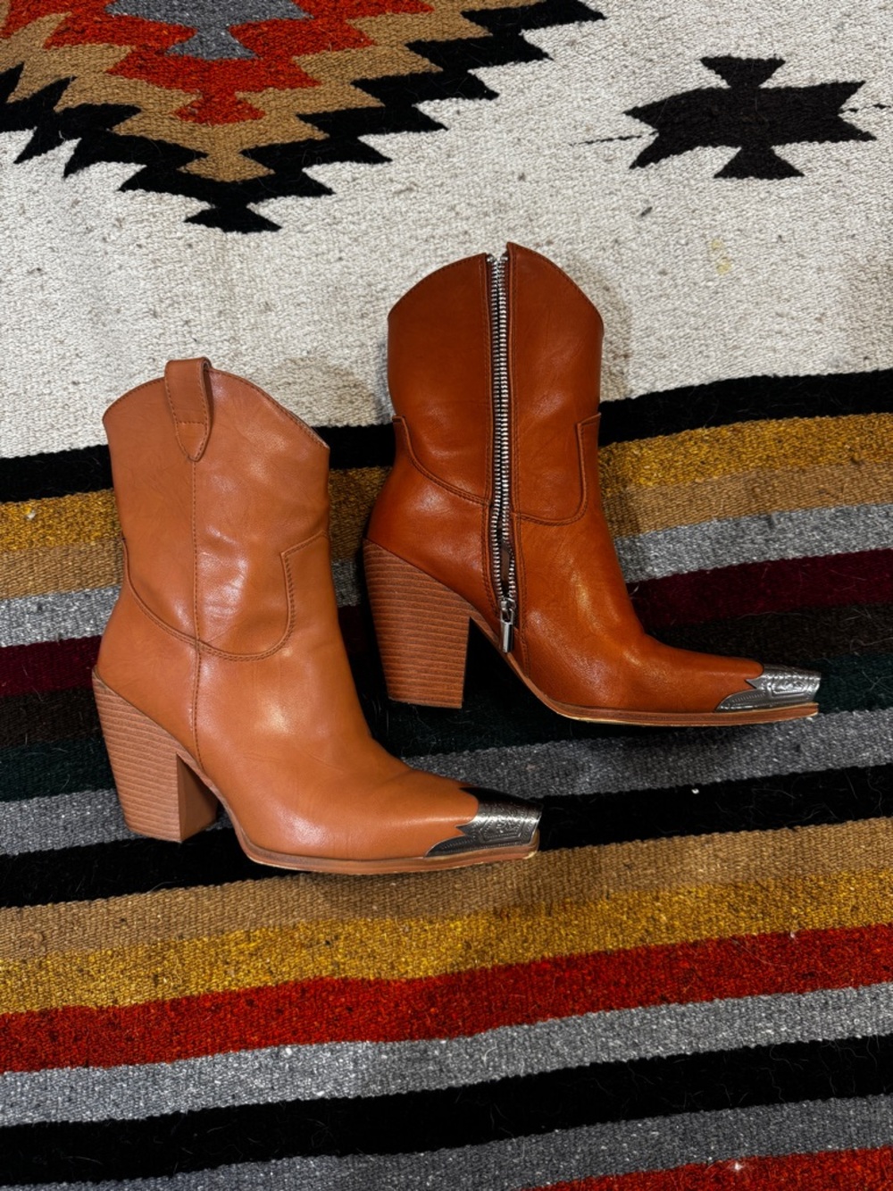 Women's Ankle Boots in Cognac Brown with Silver Toe